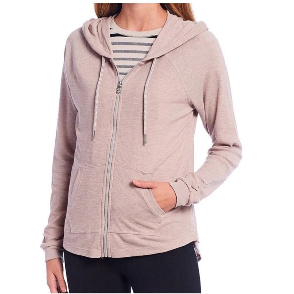 Calvin Klein Hoodie Womens Medium Brown Knit Performance Ruched Sleeve Full Zip - Picture 1 of 16